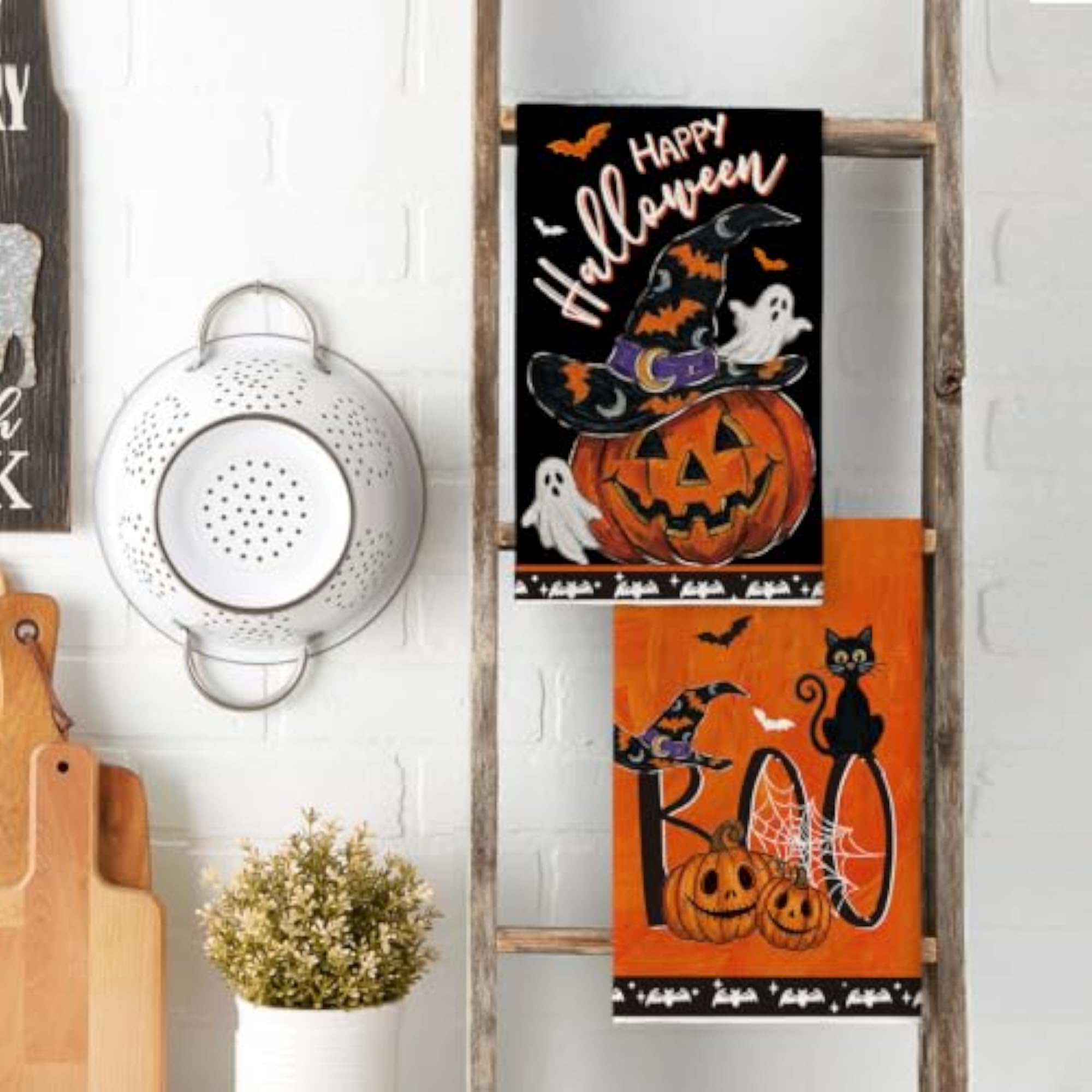 Set of 2 Pumpkin Bats Halloween Kitchen Towels